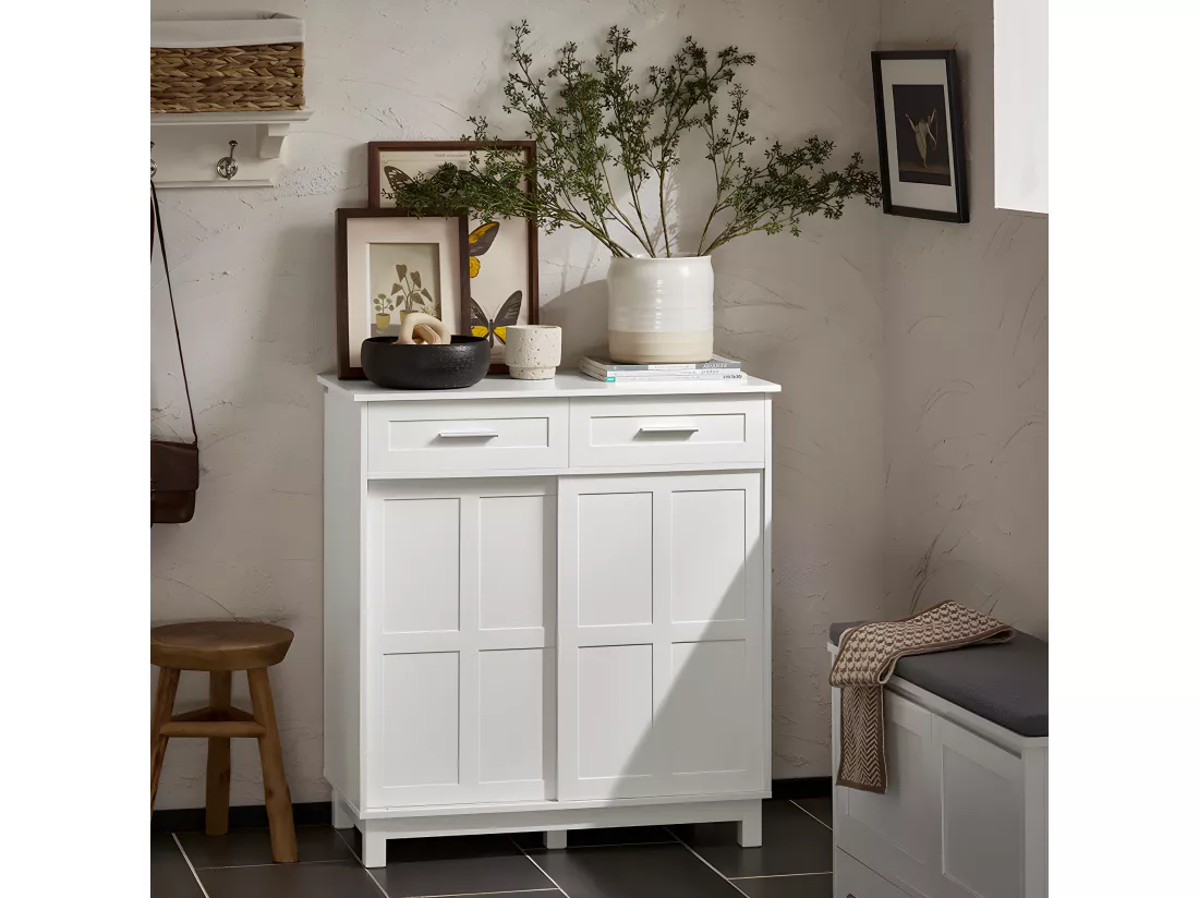 SoBuy FSB84-W Meuble de Rangement Meuble d’entrée Meuble à Chaussures Armoire Multi-rangements avec 2 Tiroirs et 2 Portes Coulissantes