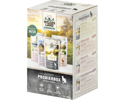 WILDES LAND natvoer voor katten, proefverpakking met 4 zakjes, multipack 4 x 100 g, vis, gevogelte, konijn, rund- en kalfsvlees met waardevolle superfoods, graanvrij, glutenvrij, 400 g