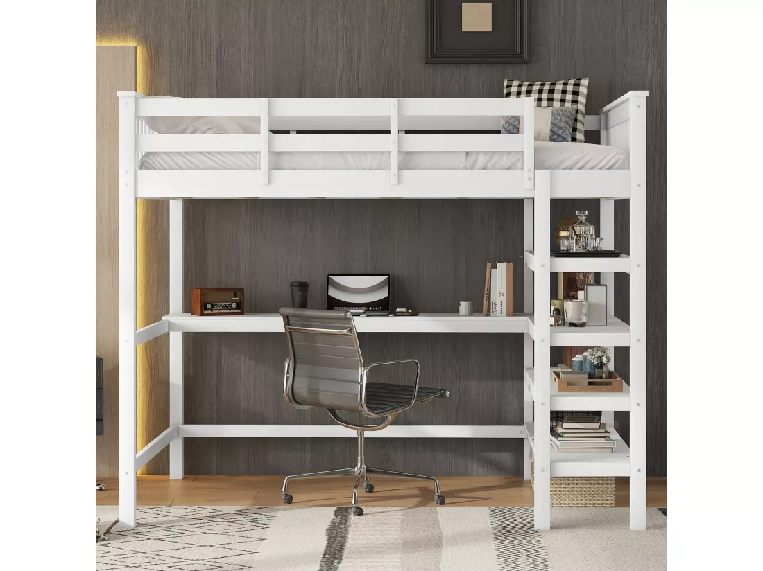 Lit mezzanine 140 x 200 cm avec bureau et étagères de rangement - Bois de pin + MDF - Blanc
