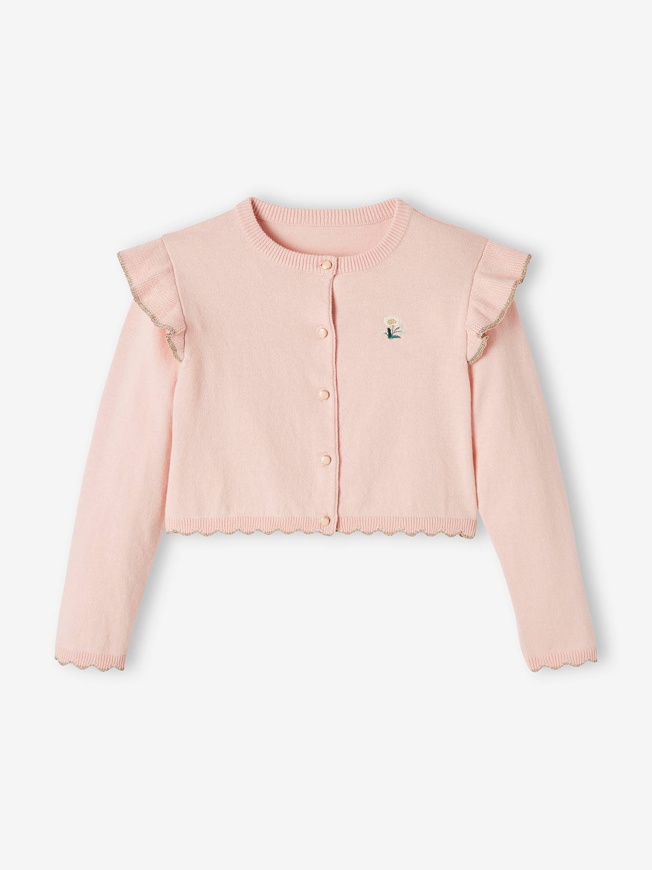 Casaquinho curto com babados, para meninas, rosa claro liso com estampas.