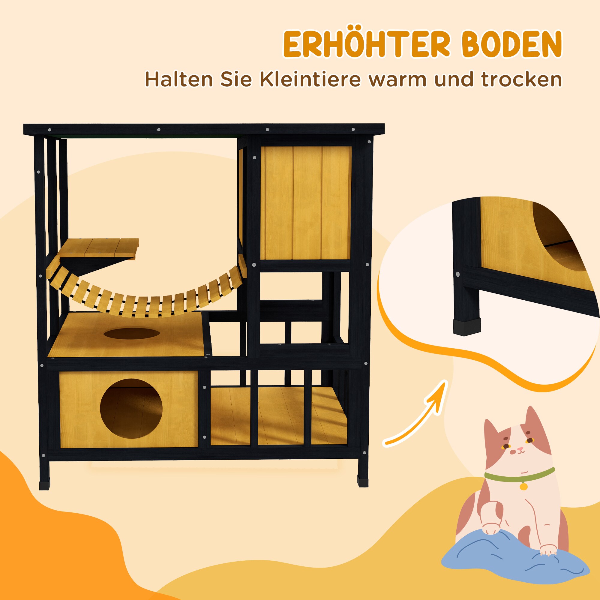 PawHut Katzenhaus mit Zugbrücke natur 84,5L x 60B x 88H cm