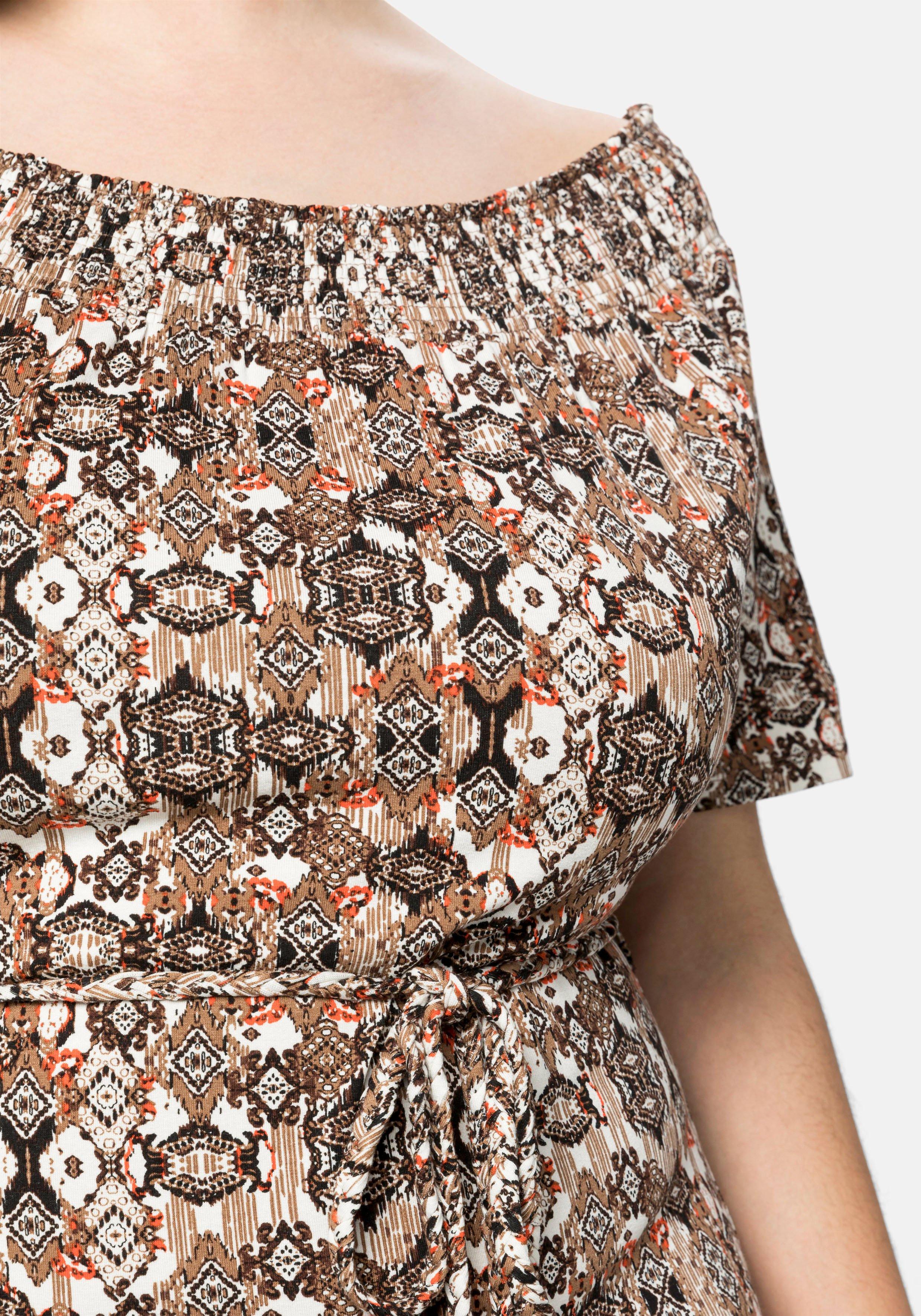 Jerseykleid mit Bindeband und Carmenausschnitt