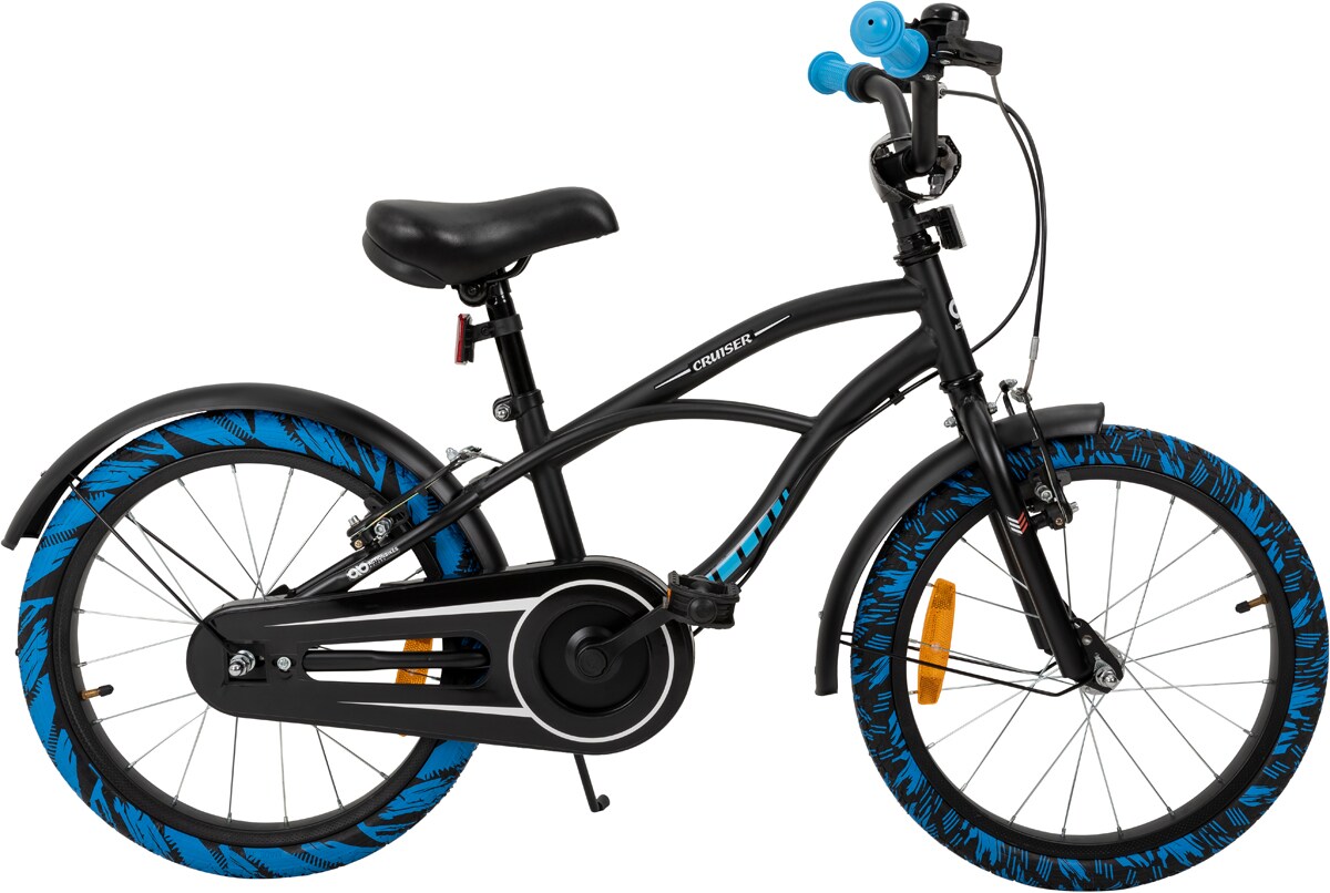 Actionbikes Kinderfahrrad Cruiser 18 Zoll, schwarz, Fahrradständer, Antirutschgriffe, Lenkerschutz (Schwarz/Blau)