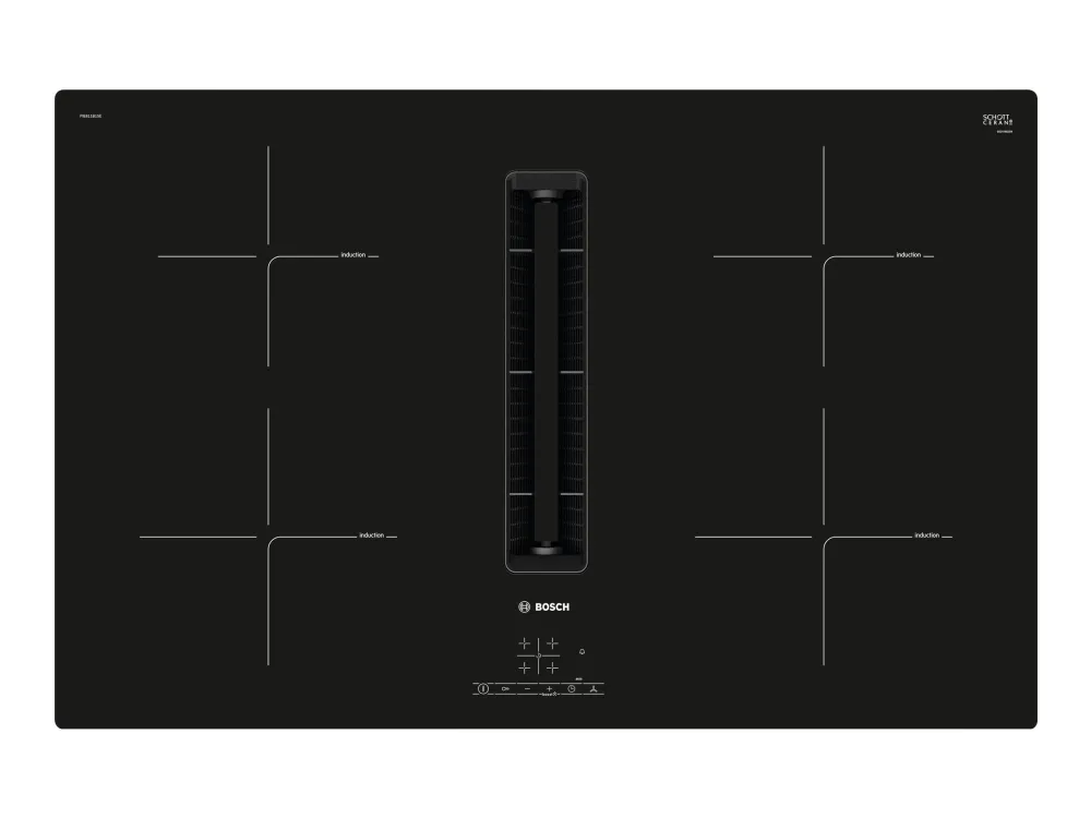 Bosch Serie | 4 PIE811B15E - Induktions kogeplade - 4 plader - Niche - bredde: 75 cm - dybde: 49 cm - Klasse B - rammeløs - sort med downdraft-udstødning (ekstraktion og recirkulation med ekstra ekstraktion og recurkulationssæt)