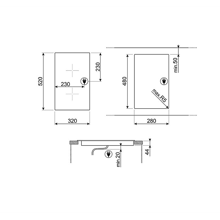 Plaque de cuisson en vitrocéramique 2 foyers Universel l. 30 cm SE232TX1 Smeg noir et cadre inox