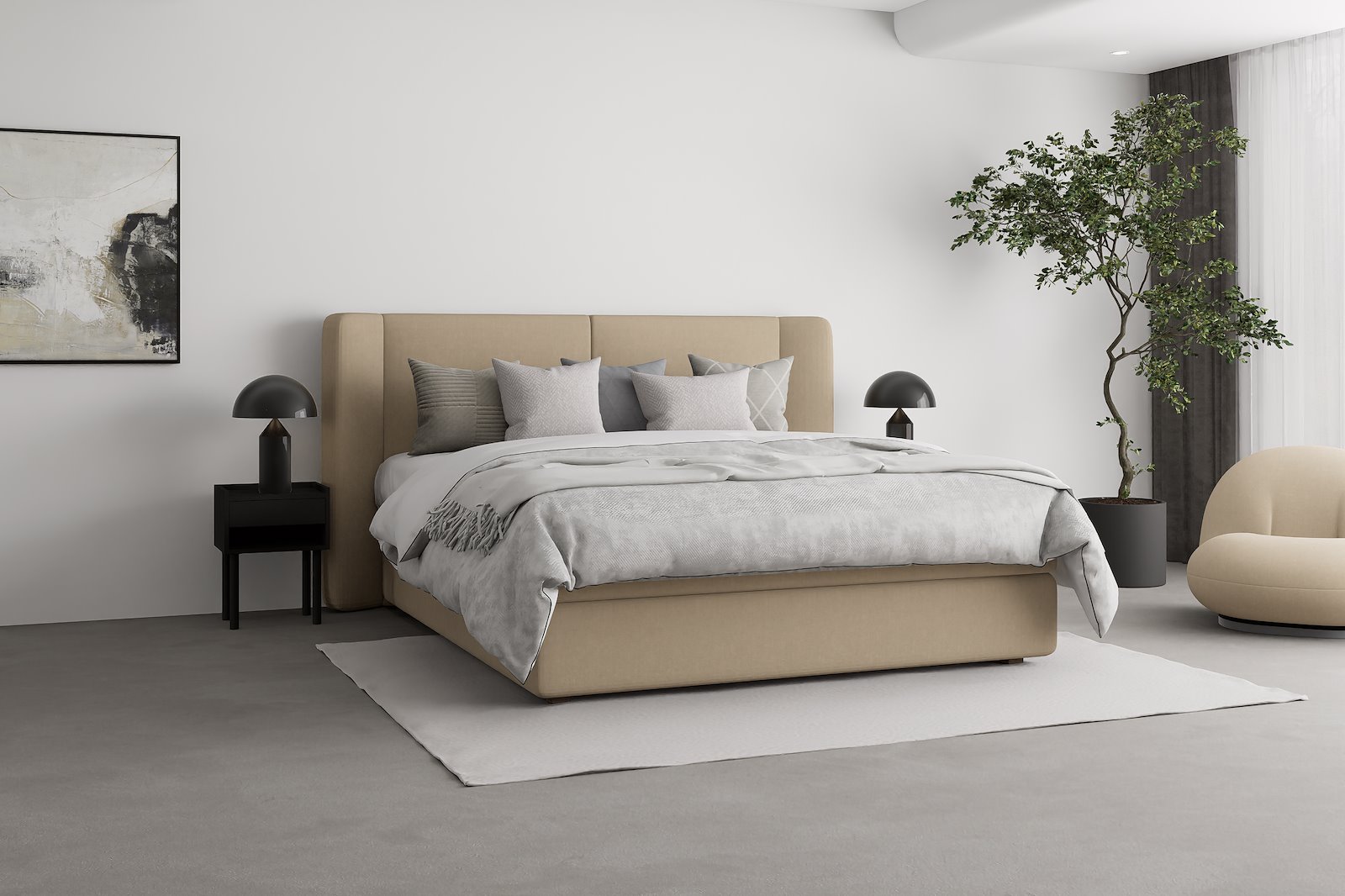 Premium LUX 3 kontinental 210x210 cm I tekstil Copenhagen 904 beige. Medium / fast med Premium lux 3 overmadrass og sort firkantede ben 10 cm, gavl selges separate