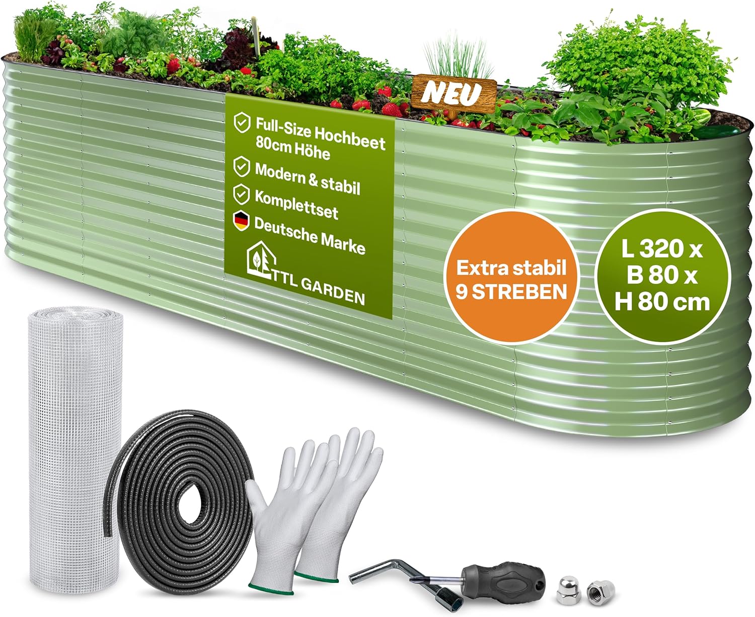 TTL GARDEN 320x80x80cm Nature XL Metall Hochbeet Salbei-Grün - Stahl rostfrei verzinkt & lackiert Wellblech oval 80cm hoch sehr stabil Garten Beet für Gemüse Kräuter Blumen Gartenbeet Gemüsebeet