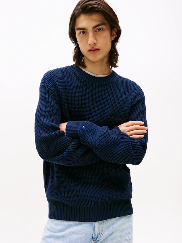 Tommy Jeans Strickpullover »TJM SCRIPT CHUNKY«, Regular Fit, Rundhals Waffelpique Strick