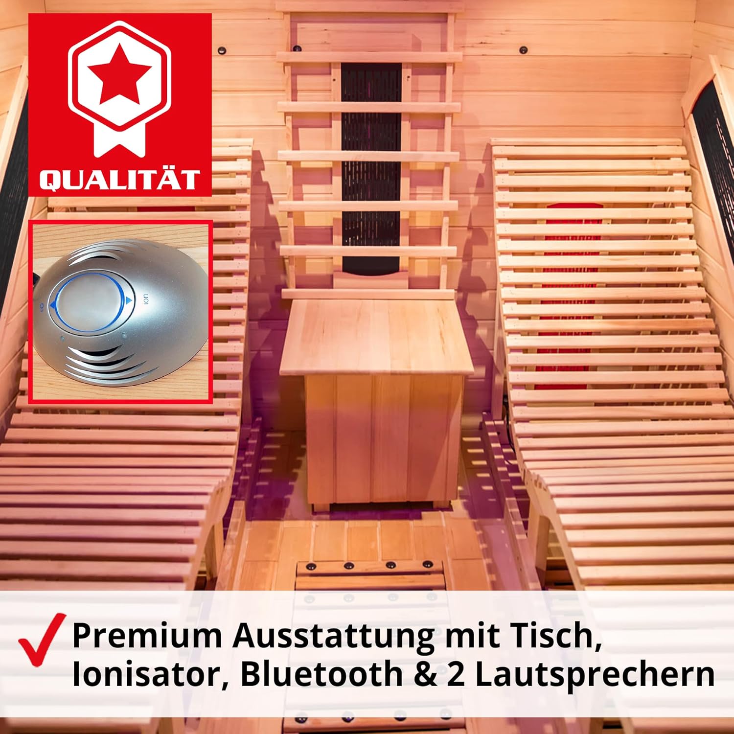 Hecht premium Infrarotkabine Sauna Keramik und Flächenstrahler, Farblichttherapie, Relaxliegen für 2 Personen – 180x180x190 cm – Infrarotsauna mit MP3-Player, Radio und Ionisator