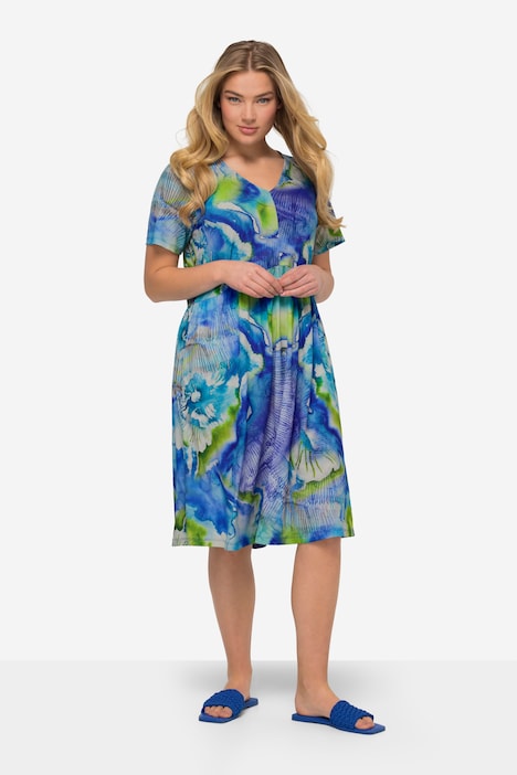 Jerseykleid, Batik-Blüten, V-Ausschnitt, Halbarm