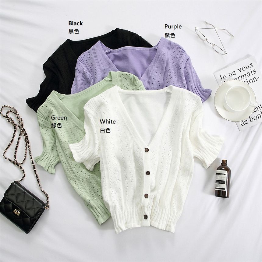 Muezz - Pointelle gebreide cardigan met korte mouwen