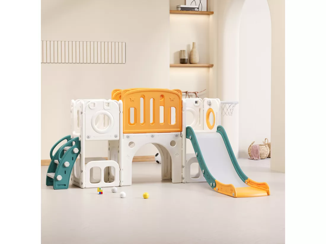 Toboggan 6 en 1 en PEHD pour enfant, avec plate-forme, escalier, 2 zondes de rangement, arcade, panier de basket, vert