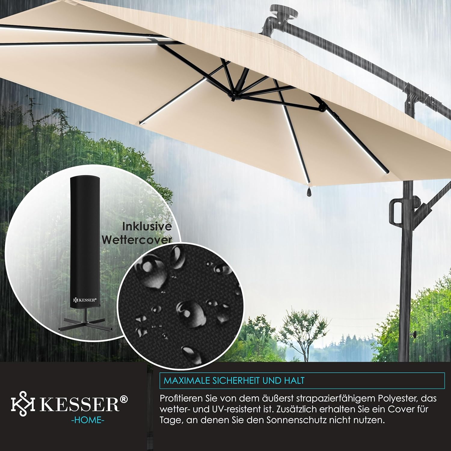 KESSER® Ampelschirm Holly Sonnenschirm Rechteckig LED Solar inkl. Abdeckung | Kurbel-Schirm mit Ständer UV-Schutz Aluminium Wasserabweisend Ø350cm Gartenschirm Beige