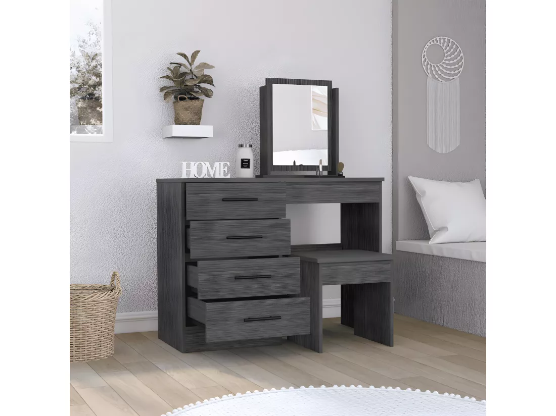 Table de maquillage de miroir Kaia avec 4 tiroirs et siège inclus 126,7 cm à x 100 cm L x 42,5 cm P, gris