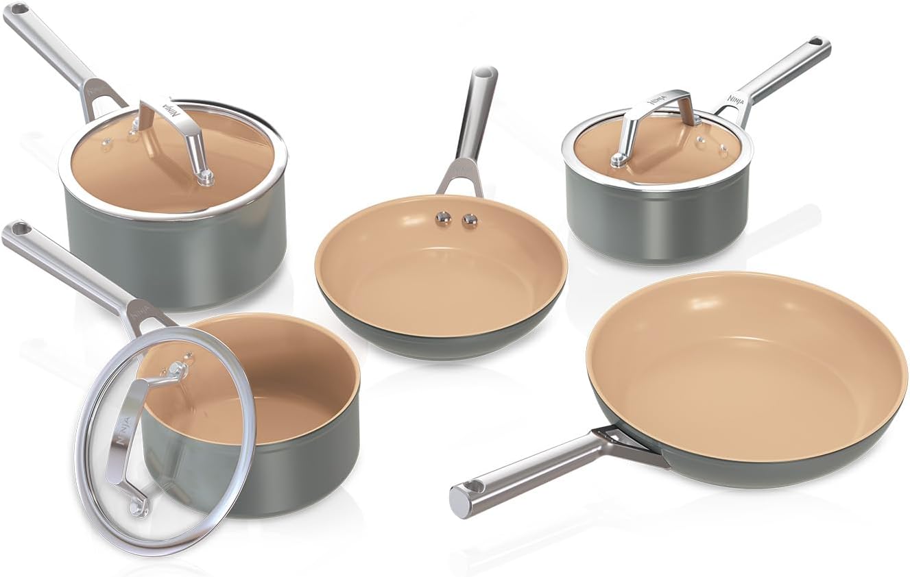 Ninja Extended Life 5-teiliges Keramik-Kochgeschirr-Set (20 & 24 cm Bratpfannen + 16, 18 & 20 cm Töpfe und Deckel), antihaftbeschichtet (ohne PFAs, PFOA, Blei oder Cadmium), ofenfest 285 °C