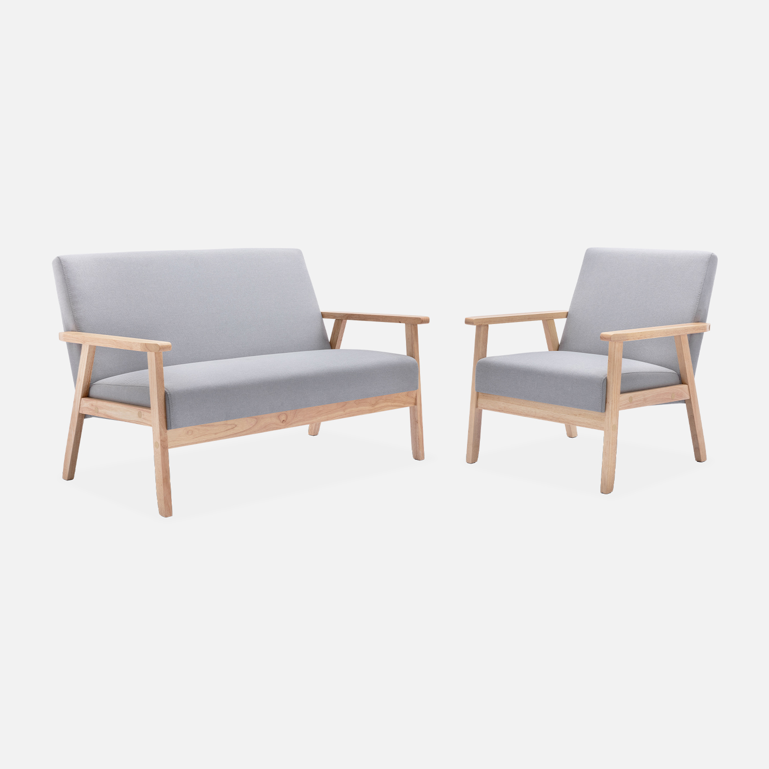 Banquette et fauteuil en bois et tissu gris clair. Isak. L 114 x l 69.5 x h 73cm