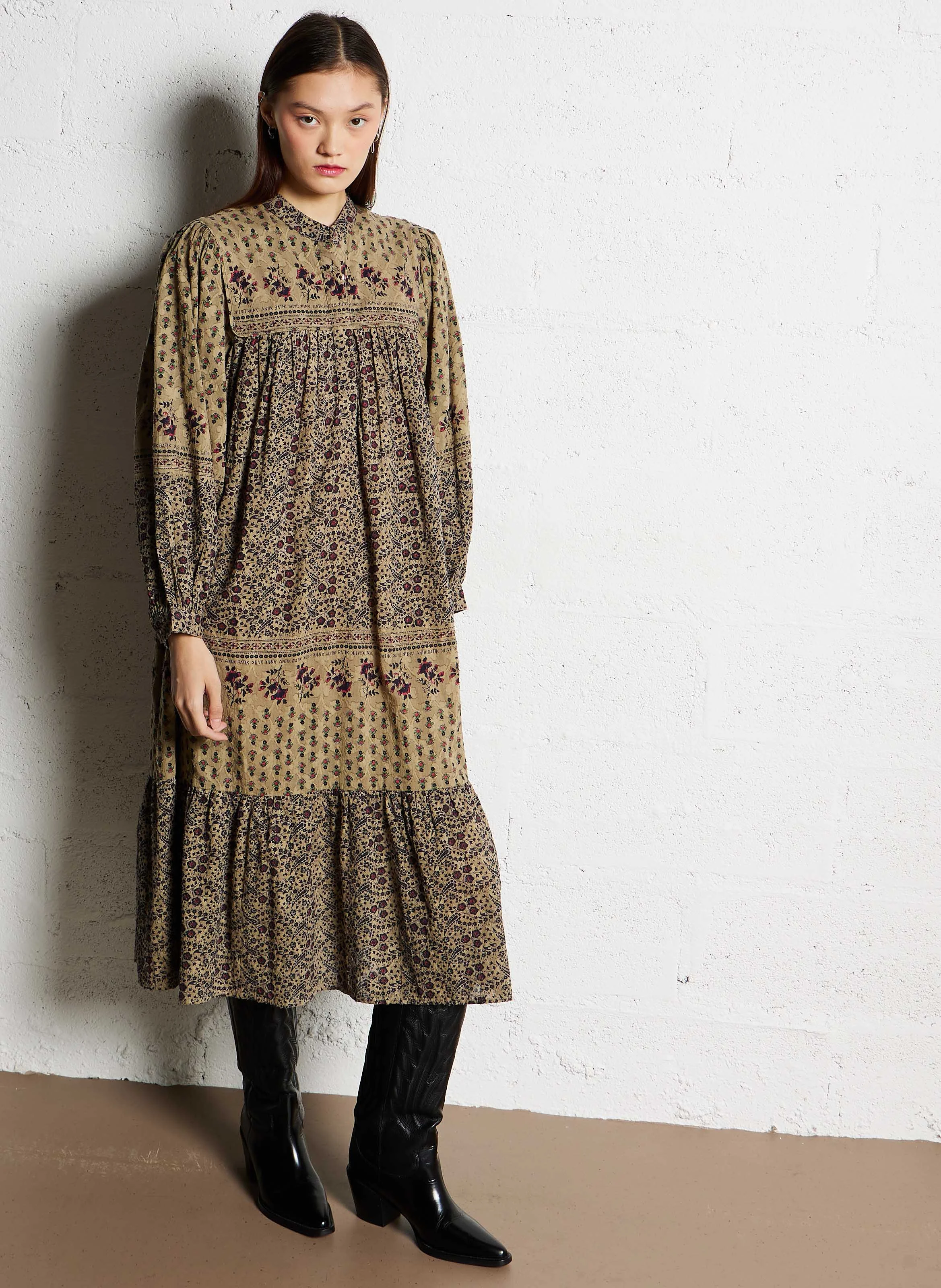 IRINA - Robe longue col rond droite en coton imprimé | Vert