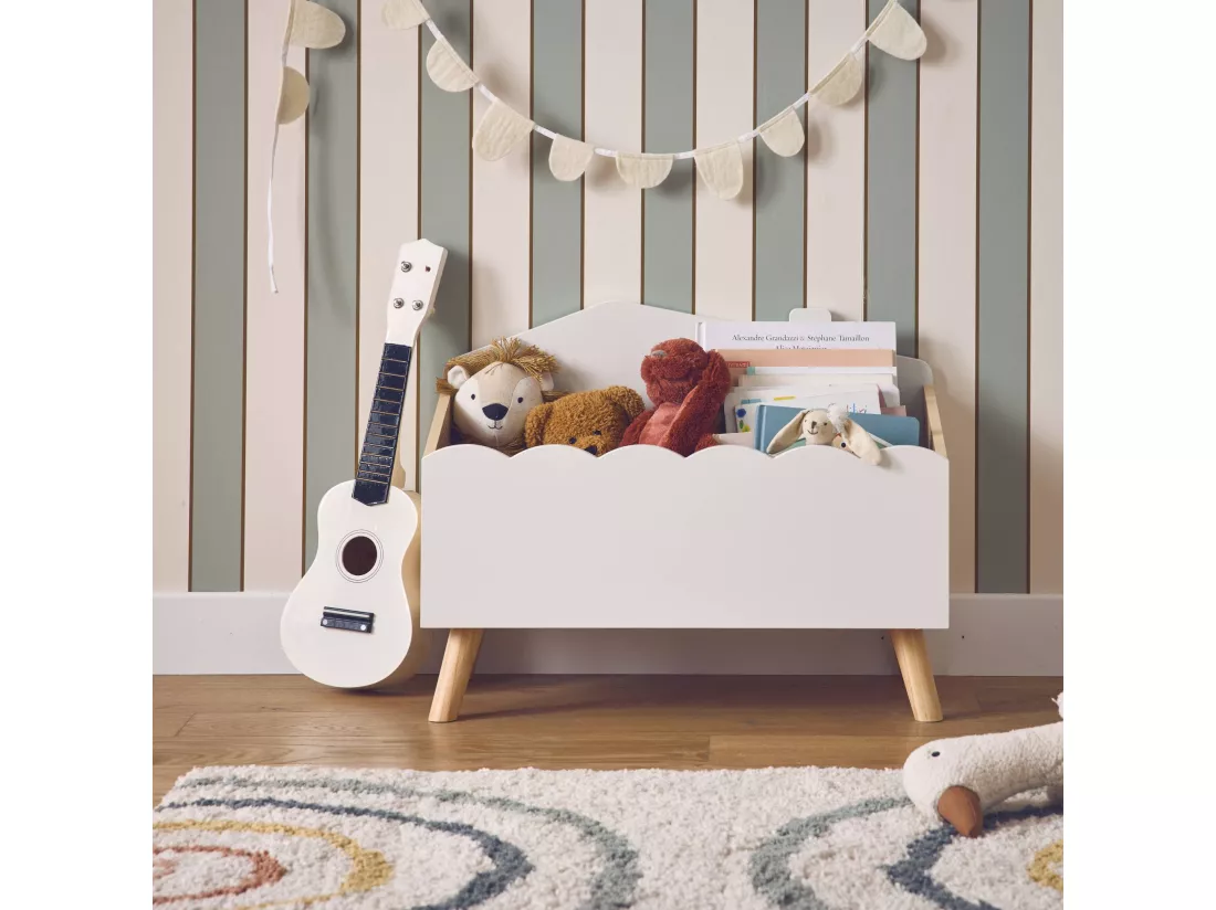 Coffre à jouets enfant effet bois. blanc. L 58 x P 28 x H 44.5 cm