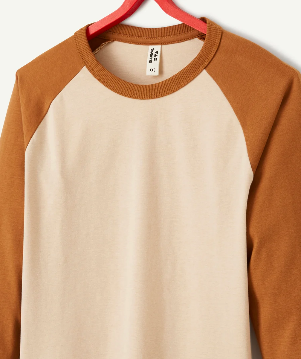 T-SHIRT MANCHES LONGUES GARÇON EN COTON BIOLOGIQUE BEIGE ET MARRON