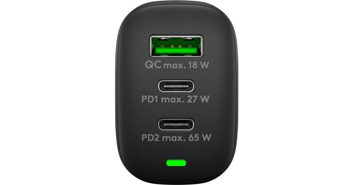 goobayUSB-C PD GaN Multiport snellader (65 W)  (Zwart, 2x USB-C, 1x USB-A, Power Delivery, QuickCharge)