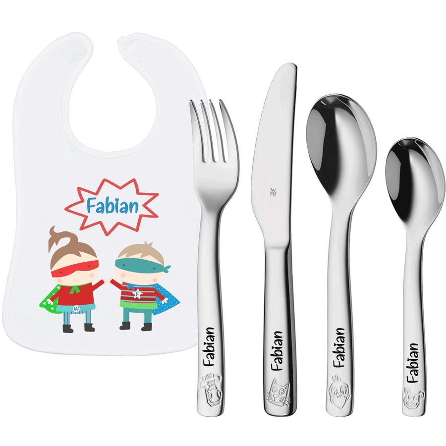 Schnullireich Geschenkset mit Namen WMF Kinderbesteck Farm + Baby Lätzchen Helden Silber