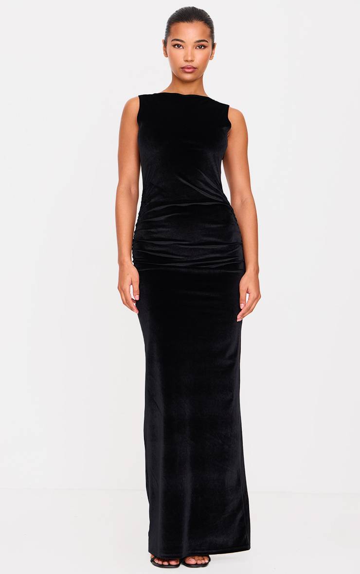 Noir Robe Maxi En Velours À Encolure Bateau