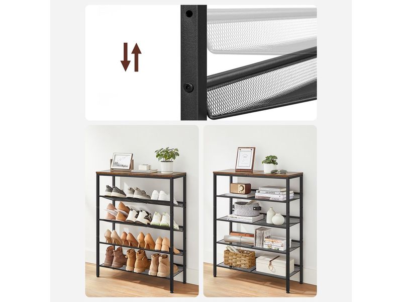 VASAGLE Schuhregal mit 5 Ablagen 75 x 93, Braun/Schwarz Schuhgestell