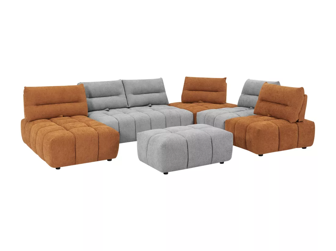 Canapé d'angle panoramique modulable et pouf dossier avance-recule en tissu texturé gris clair et terracotta APOLIU