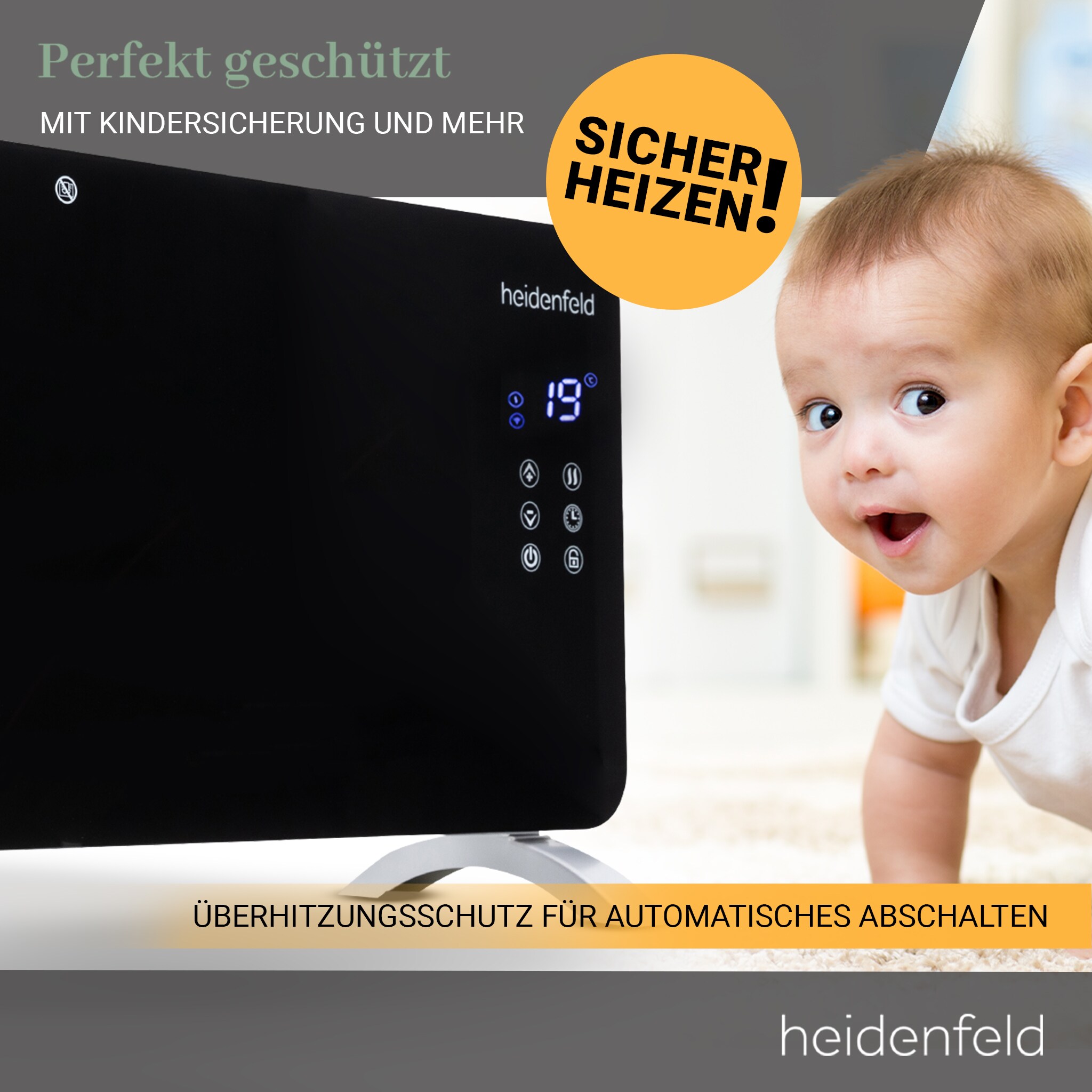 Heidenfeld Glas-Konvektorheizung GK200, Standgerät oder Wandmontage, WLAN, 1000/2000 Watt, Timer (Mit WLAN)