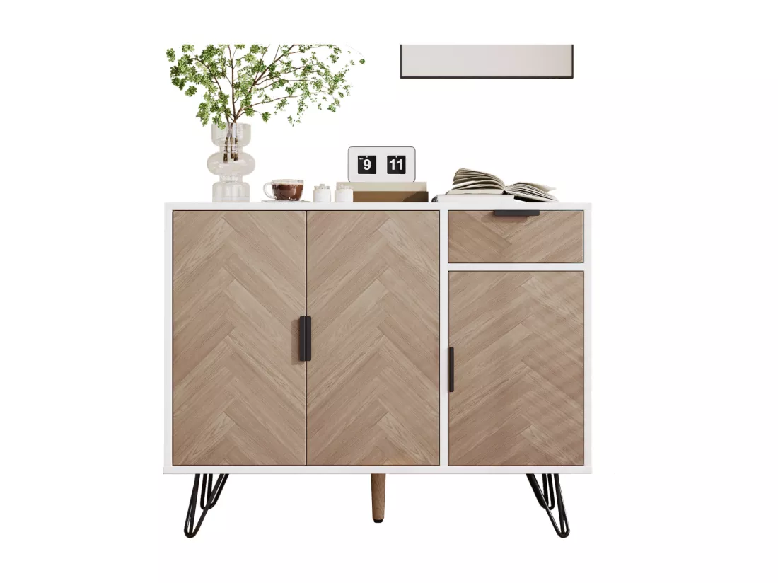Armoire de rangement moderne, meuble en blanc et imitation bois avec tiroir et étagères réglables en hauteur (90 x 30 x 71,5 cm)