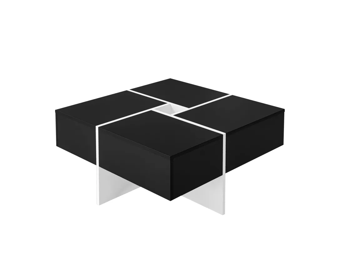 Table basse carrée avec rangement central, noire,d70cm×h35cm