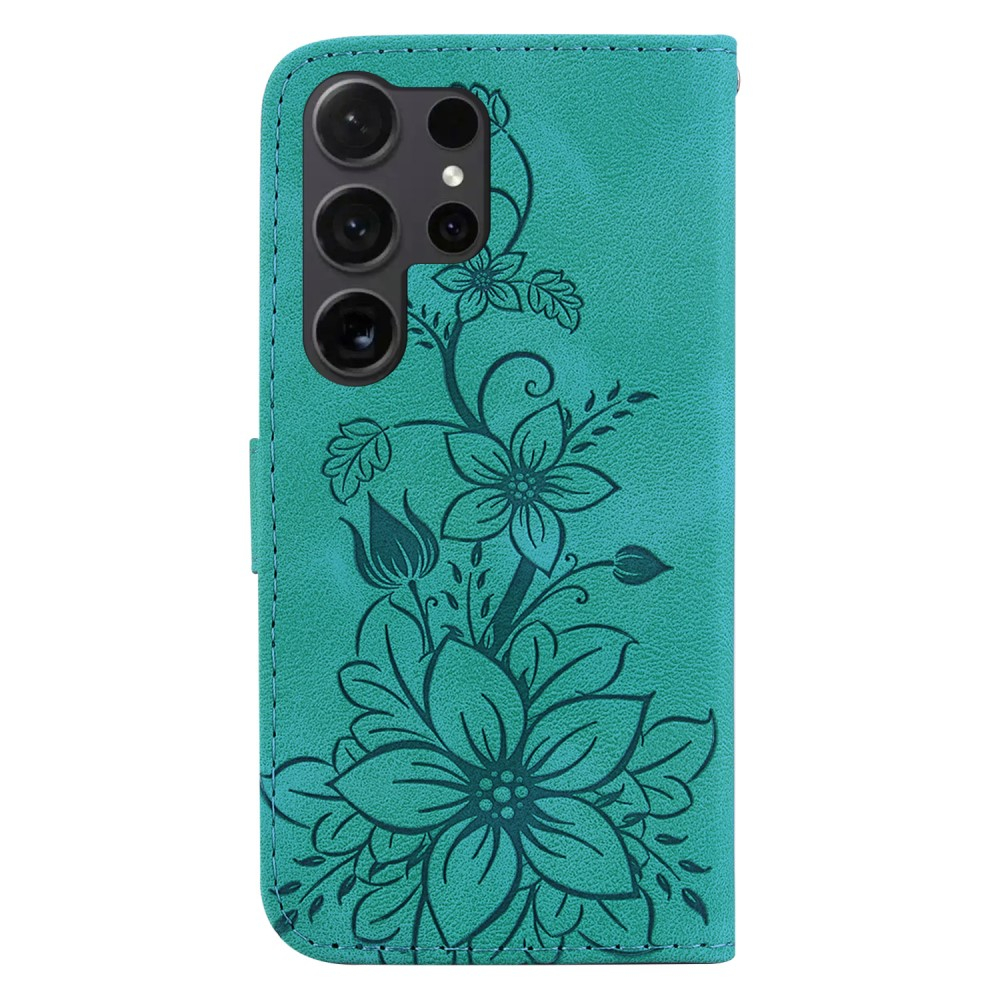 Samsung Galaxy S25 Ultra Leder Tasche Wallet - Blumen Imprint - Türkis