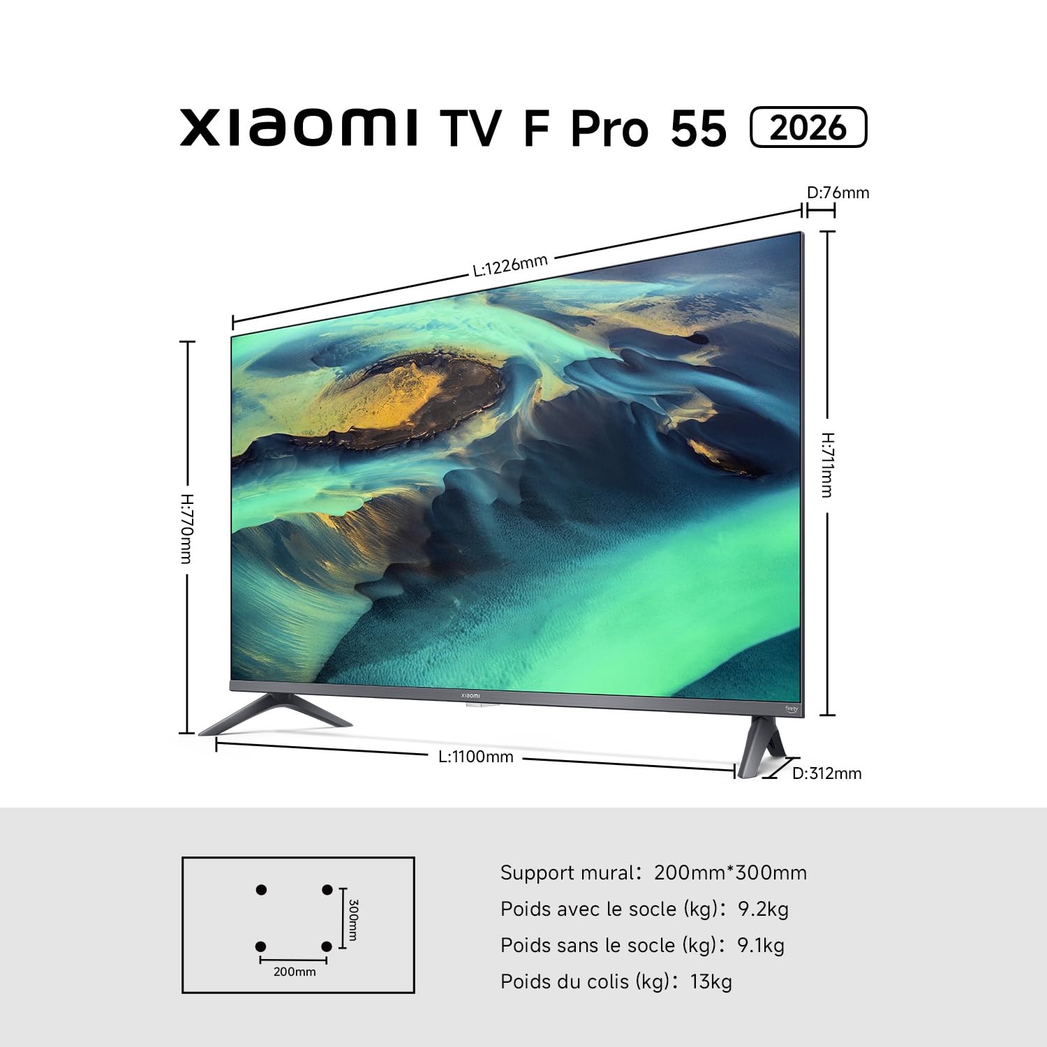 XIAOMI TV F Pro 55, 140 cm (55 Pouces), 4K UHD QLED, Smart TV, Fire TV, Contrôle Vocal Alexa, HDR10+, Mode Game Boost 120Hz, MEMC, 2Go+32Go, Compatibl