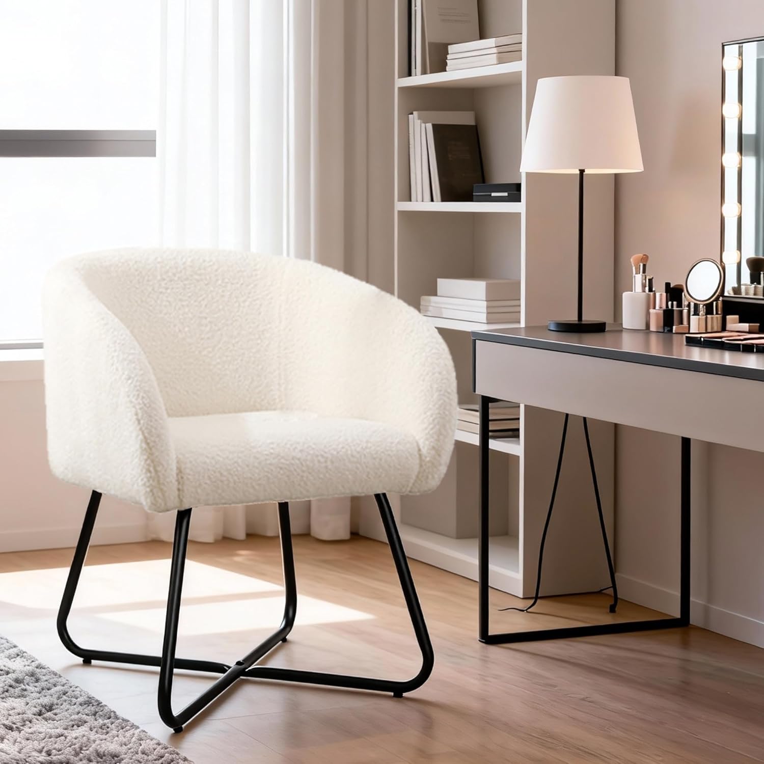 Mingone Sessel Lounge Loungesessel für Wohnzimmer Lammwolle Polsterstuhl Stuhl Weiß mit Armlehnen Cocktailsessel Modern Schwarz Metallbeinen für Schlafzimmer Last bis 120 kg