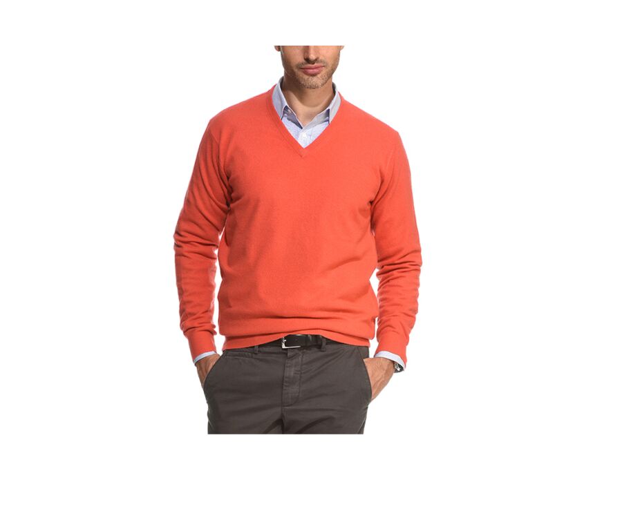 Pull homme laine col V Orange Feu - ELOUAN
