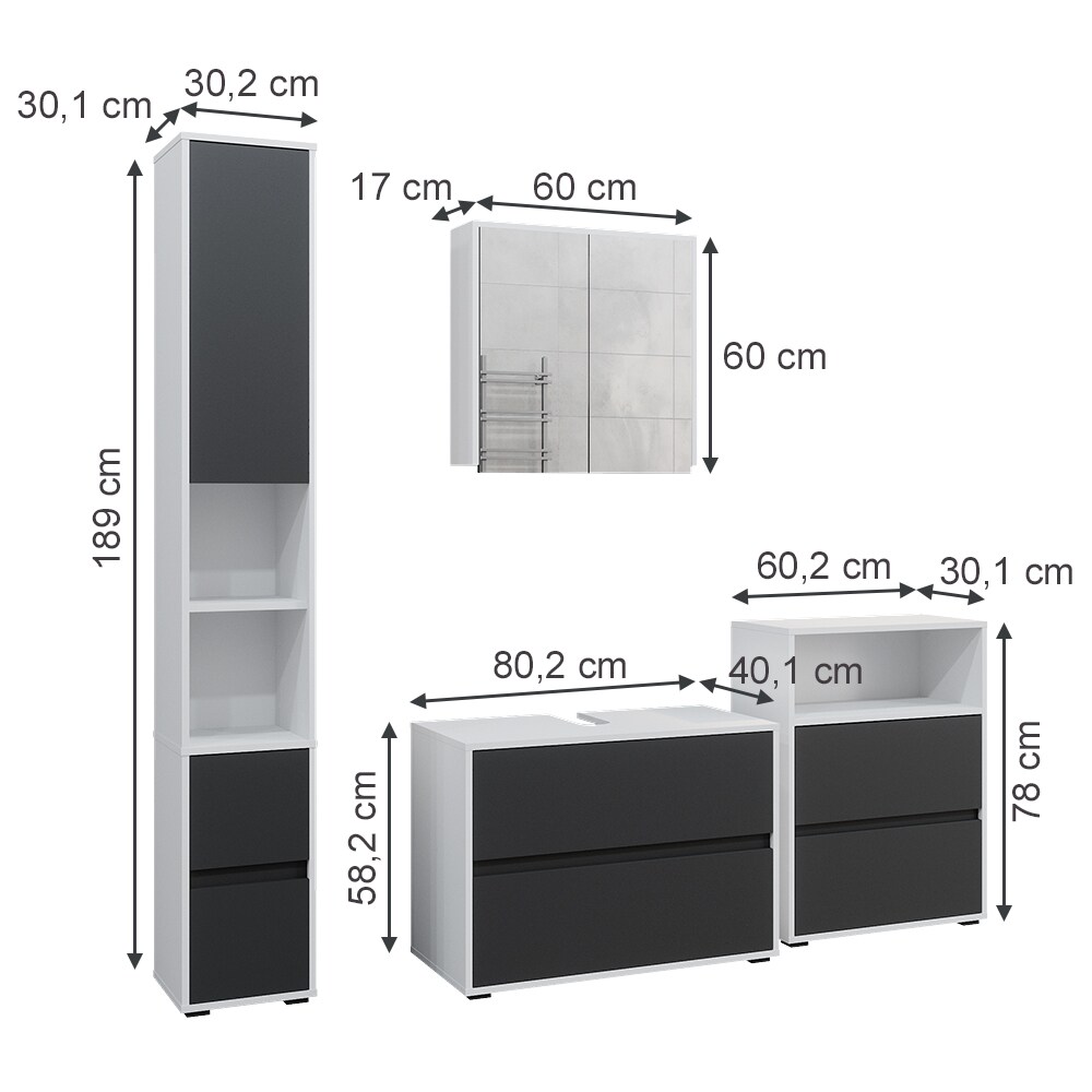 Badmöbel-Set Maltin Weiß Anthrazit modern Waschtischunterschrank Spiegelschrank Midischrank Hochschrank