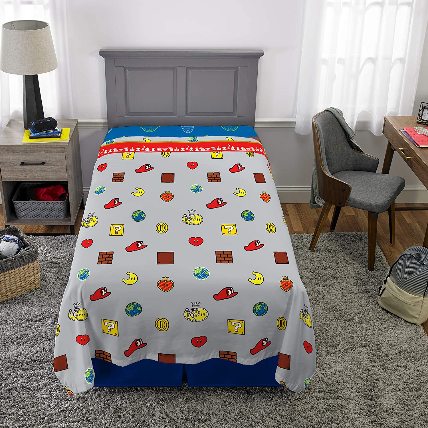 Twin Super Mario 3-Piece Bed Sheet Set.1 Flat Sheet 1 Fitted Sheet 1 Pillow Cases