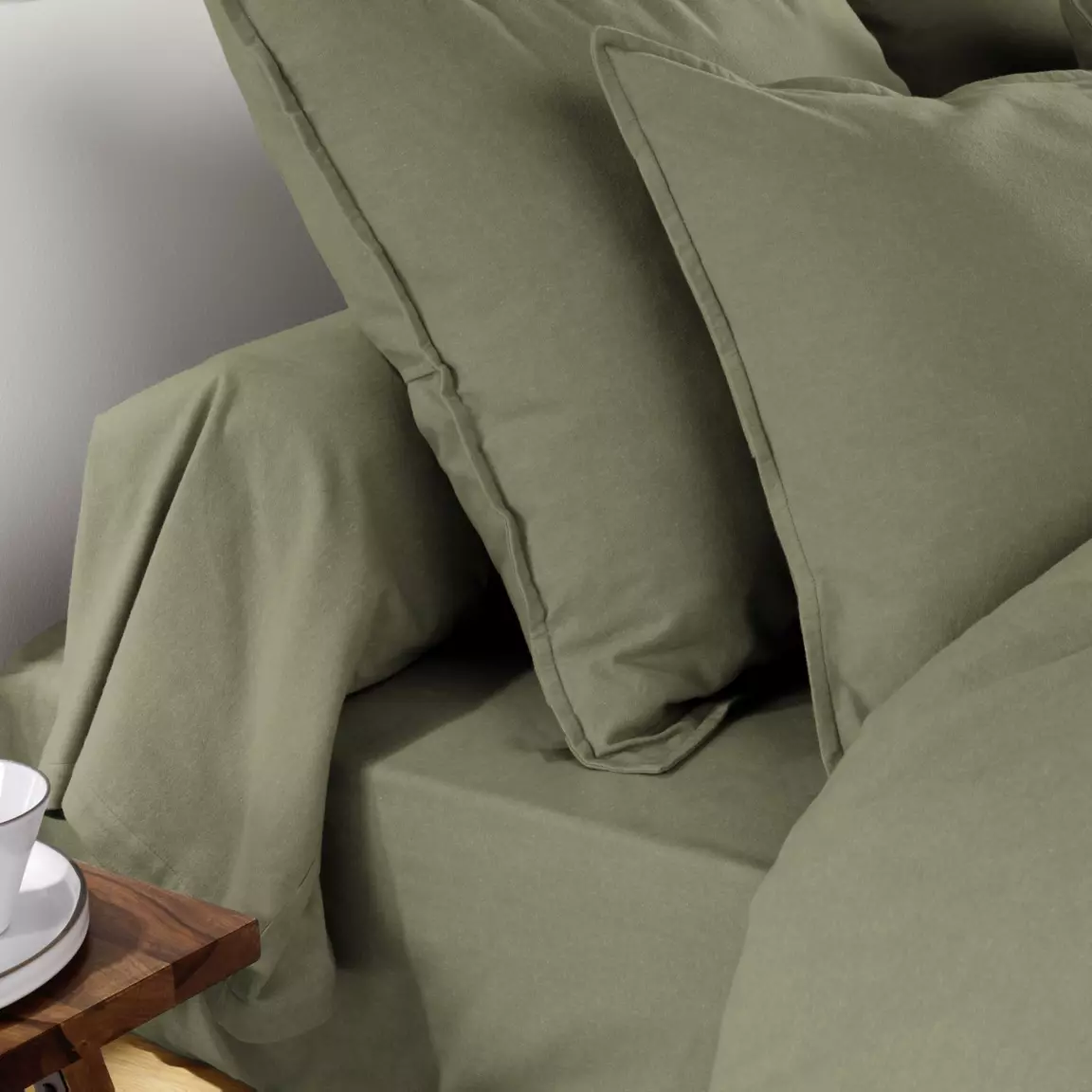 Drap housse flanelle de coton (90 x 190 cm) Théa Vert romarin