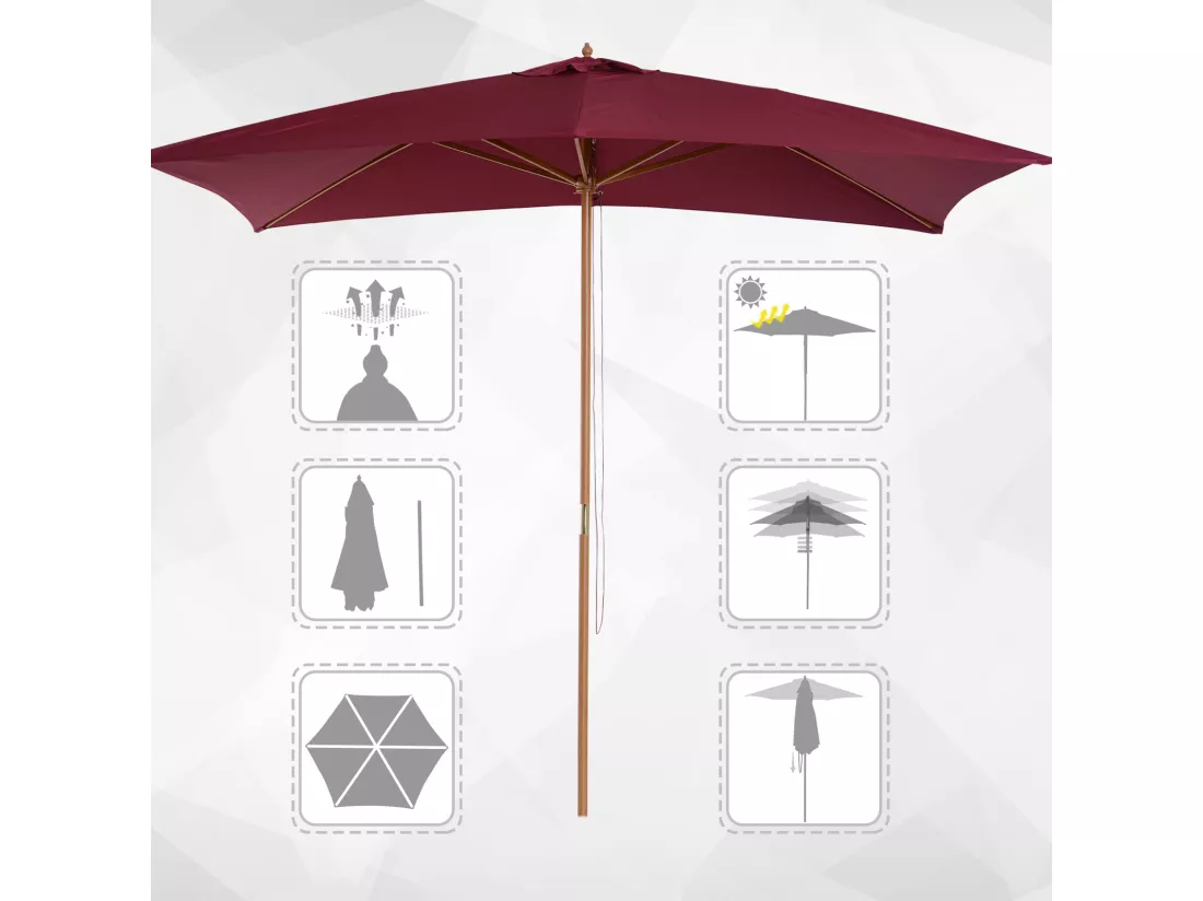 Parasol droit rectangulaire de jardin 2,95L x 2l x 2,55H m rouge bordeaux
