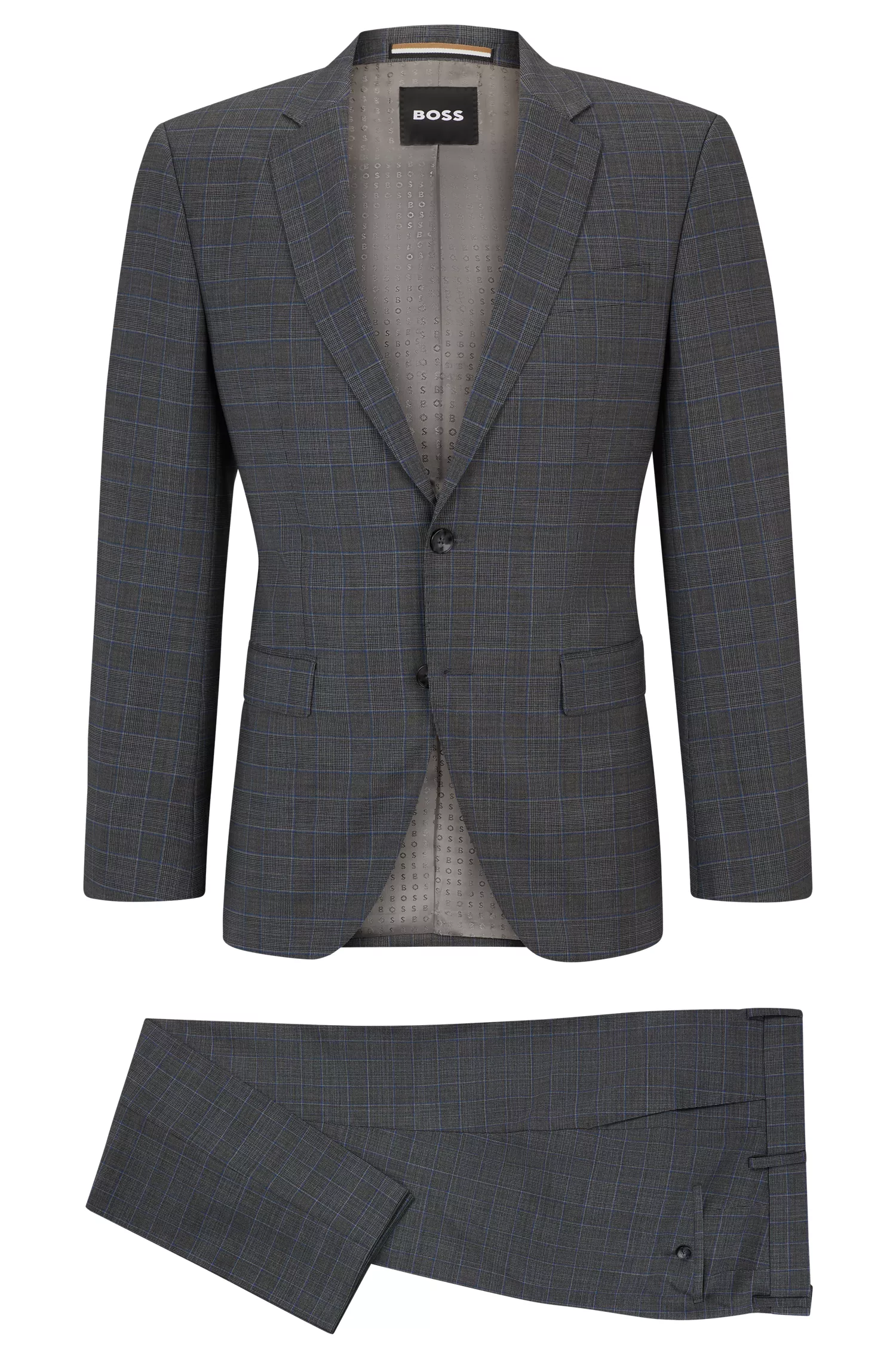 Terno BOSS preto slim fit em lã elástica xadrez.