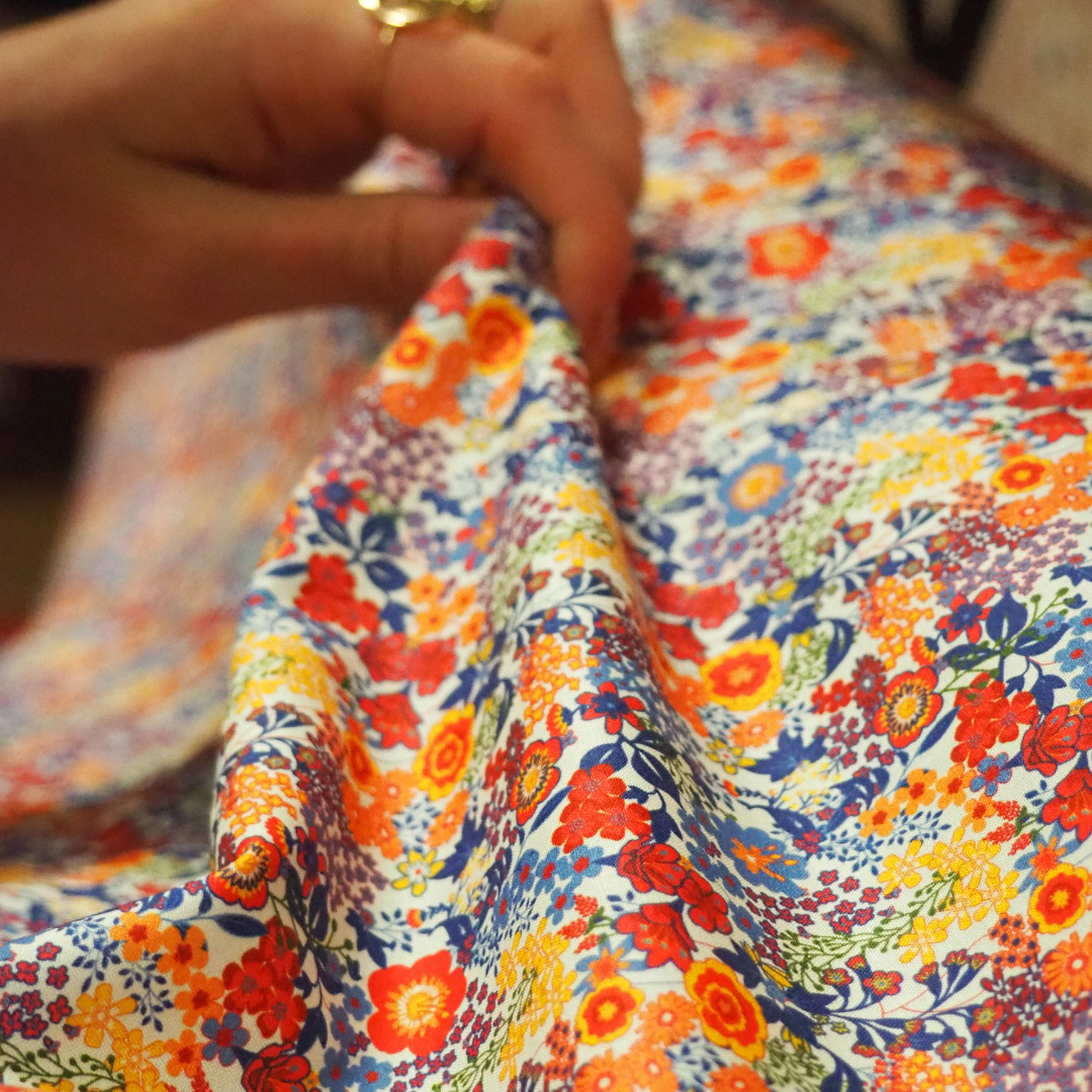 Tissu Coton Au Mètre Fleuri Orange Bleu Blanc Ex1064