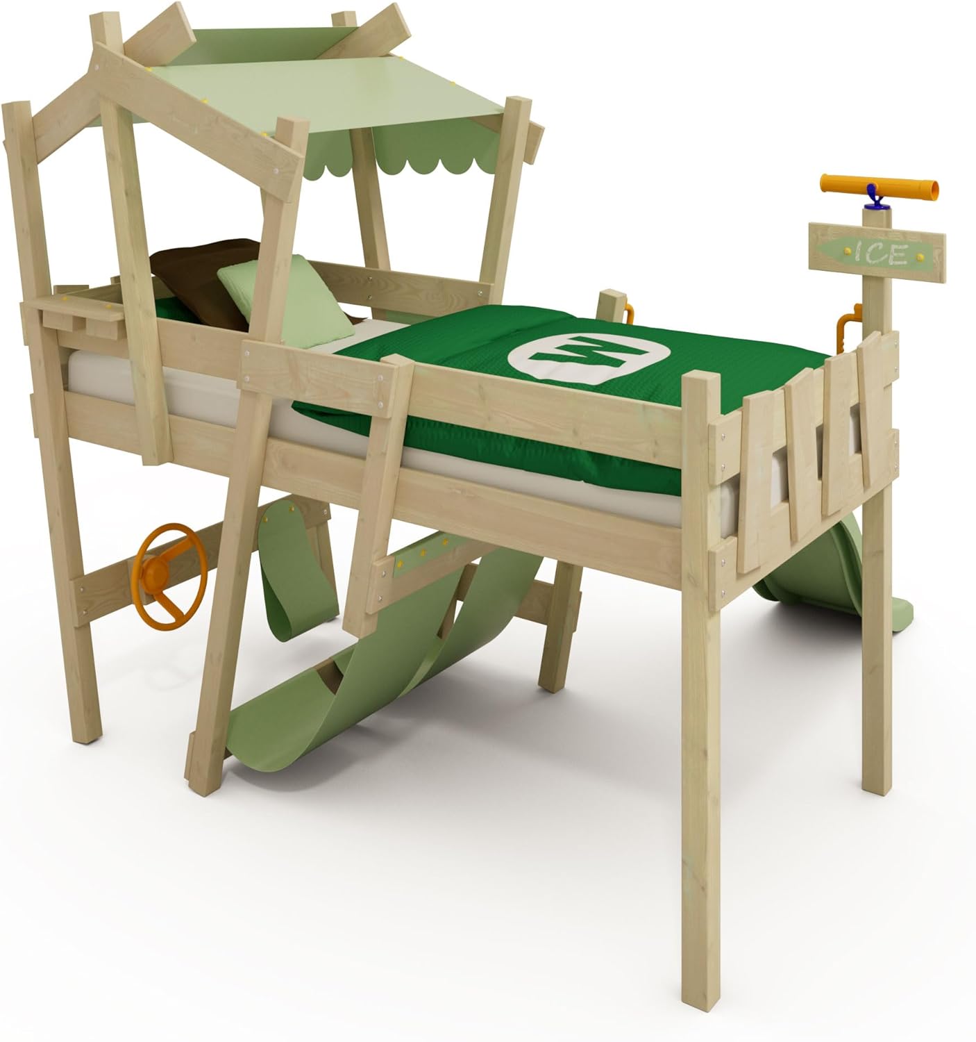 Wickey Kinderbett Hochbett Crazy Snuggy - mit pastellgrüner Rutsche & pastellgrüner Plane