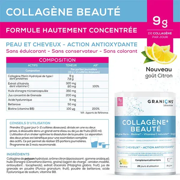 Granions Beauty Colágeno Marinho, Ácido Hialurônico, Vitamina C, Sabor Limão, 250g
