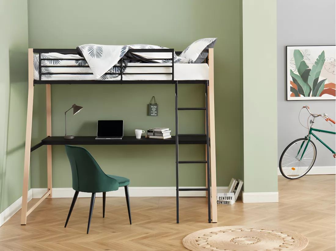 Lit mezzanine MALICIA - 90 x 190 cm - bureau intégré - Noir et chêne