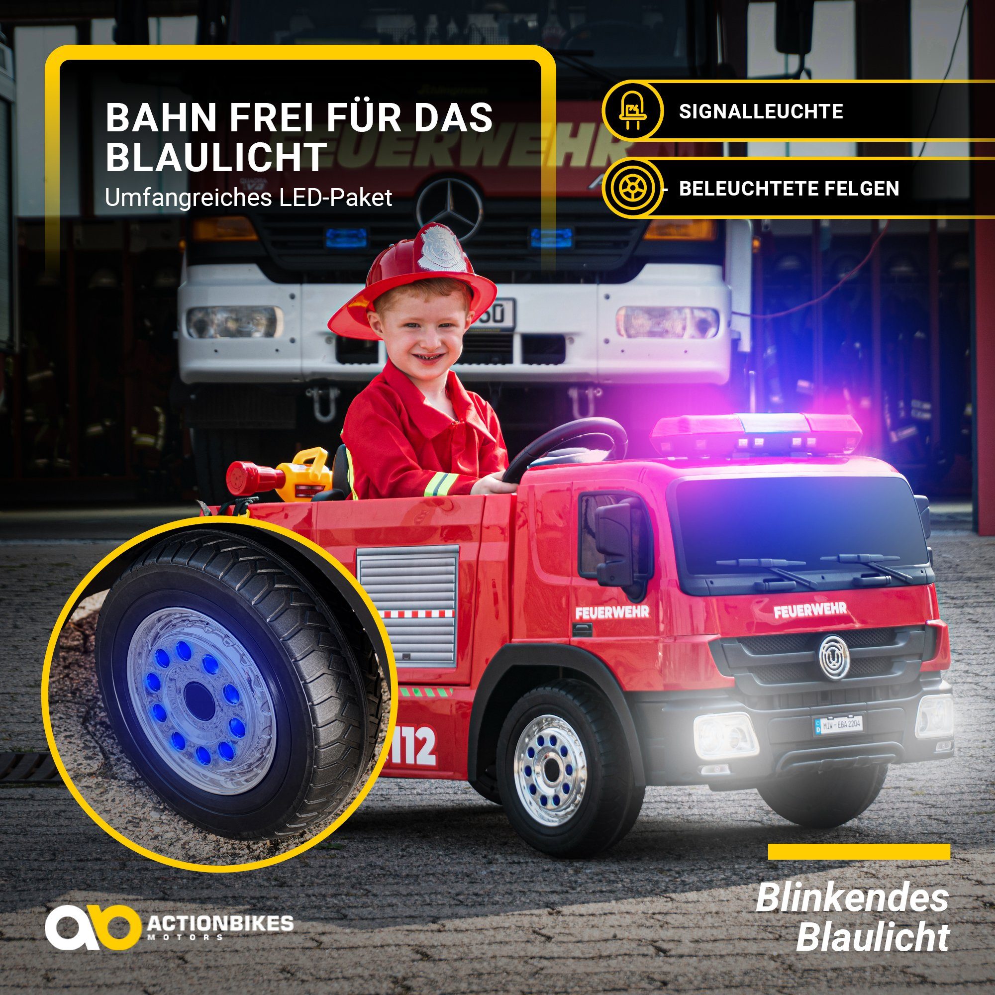 Actionbikes Motors Caminhão de Bombeiros Elétrico Infantil SX1818 - Controle Remoto - Lançador de Água, Capacidade de Peso de 40 kg (Conjunto de 4 peças), Brinquedo Infantil para Crianças a partir de 3 Anos, Elétrico - Sirene e Bluetooth