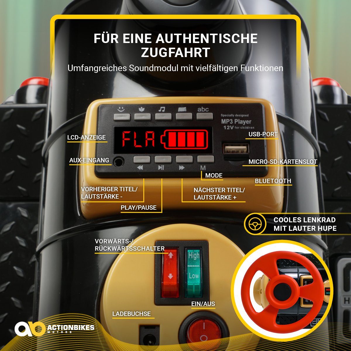 Carrinho elétrico infantil Actionbikes Motors, trenzinho elétrico infantil com reboque, capacidade de carga 60 kg (2 unidades), 3 lugares - buzina e música - partida suave - 2 motores de 12 V