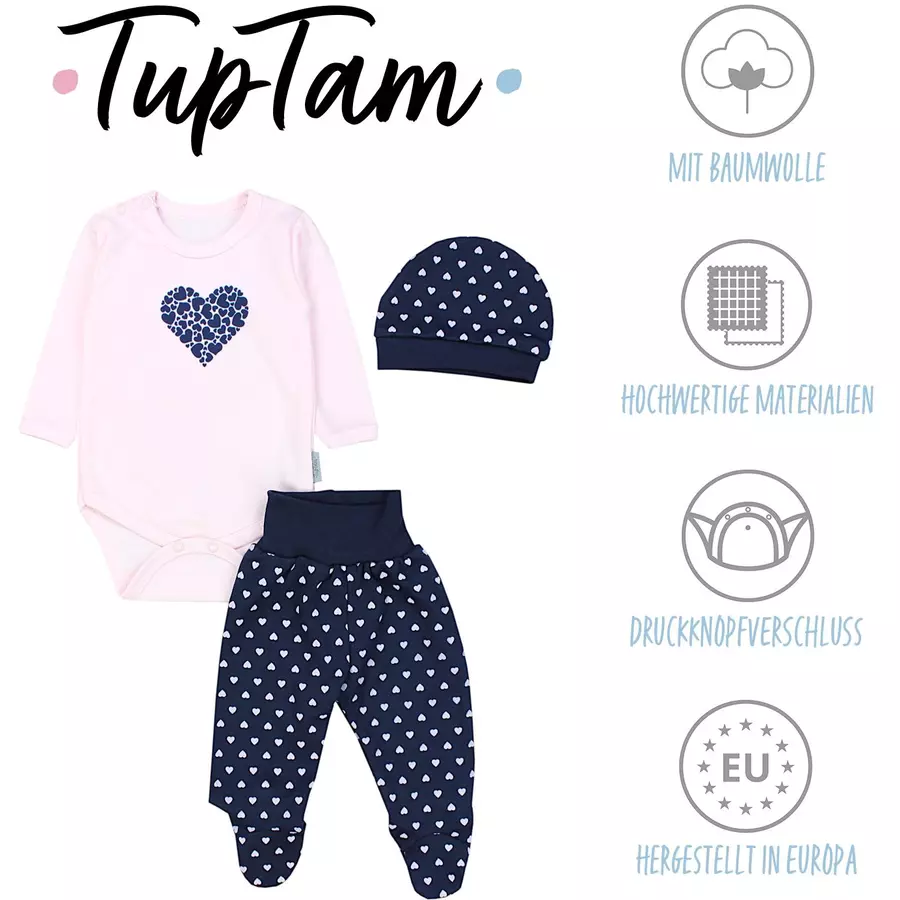 TupTam Baby Bekleidungsset Langarmbody Hose Mütze3 teilig rosa Modell 1