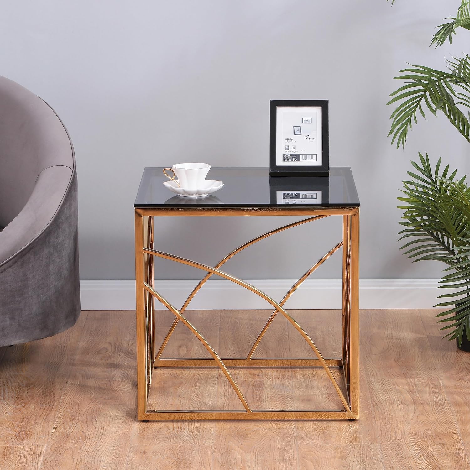 Beistelltische Couchtisch Sofatisch für Wohnzimmer, Schlafzimmer Küche Café und Bar, moderner Kaffeetisch mit Edelstahl Gestell und transparentem Hartglas (golden Grauer Glas)
