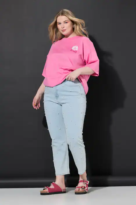 Mom-Jeans, Zierperlen, 5-Pocket, bleached denim