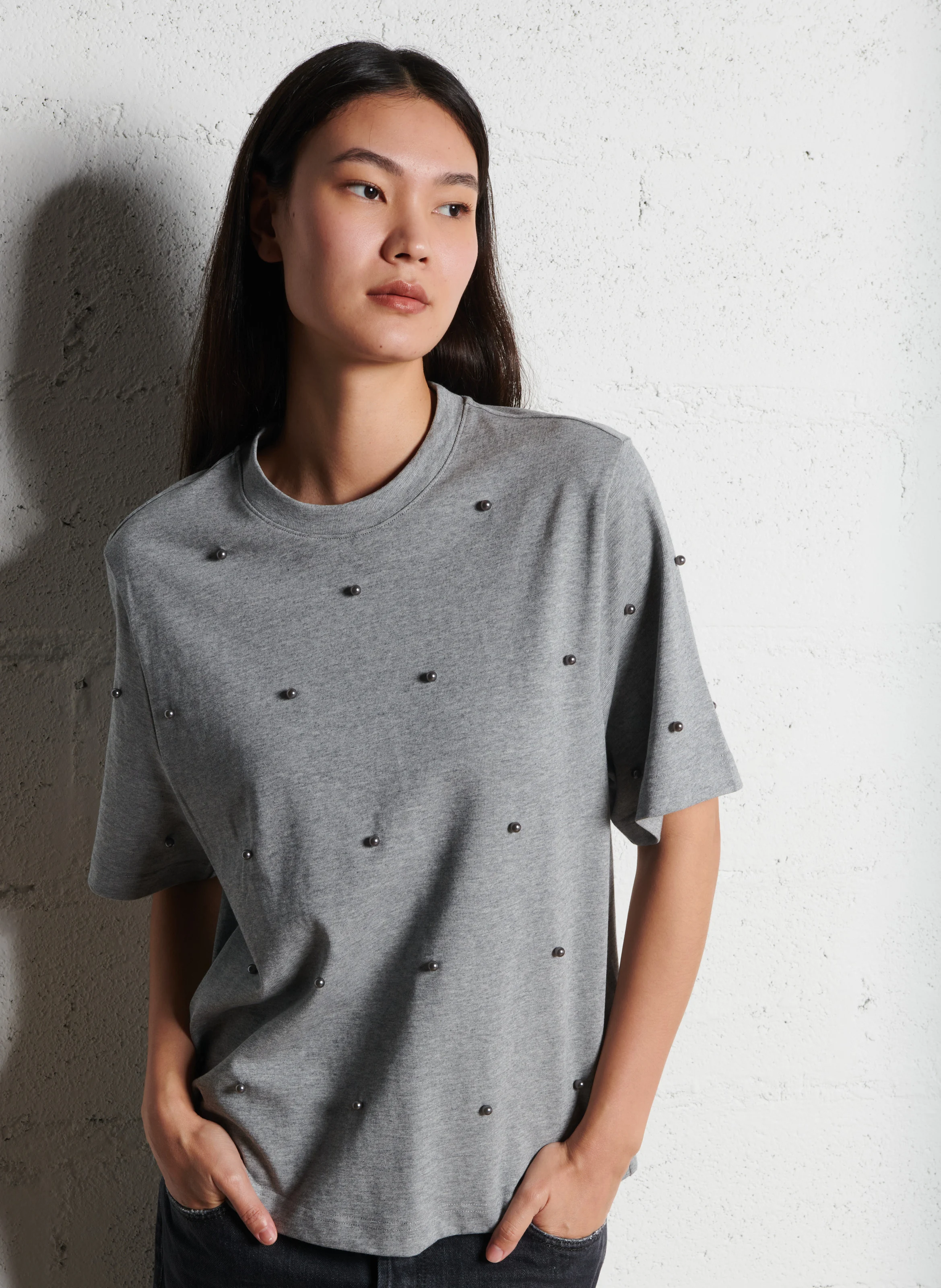 ENZO - Tee-shirt droit à perles en coton | Blanc